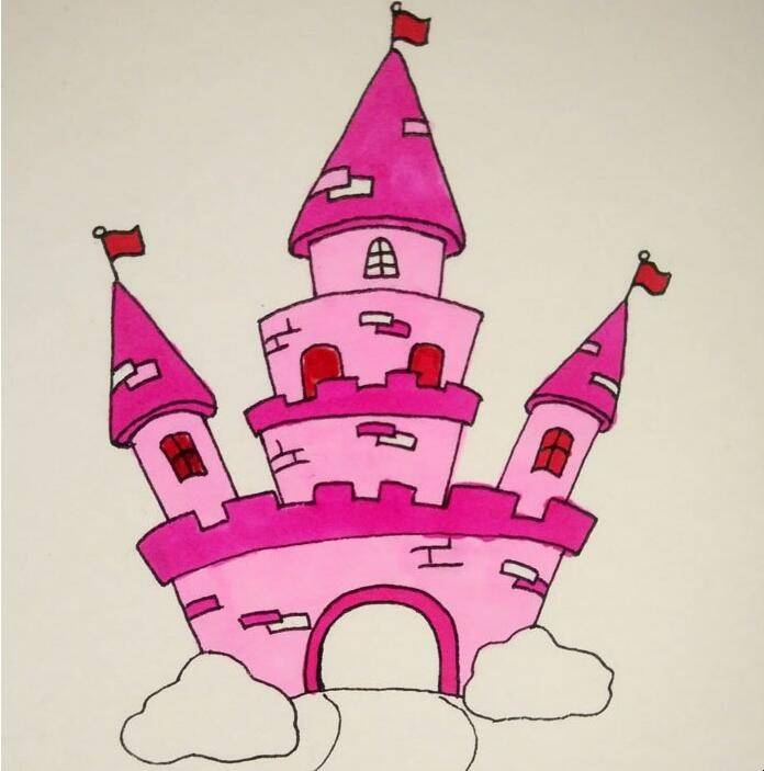 4,开始涂色啦,给城堡涂色漂亮的粉红色,房顶用深一点的红.
